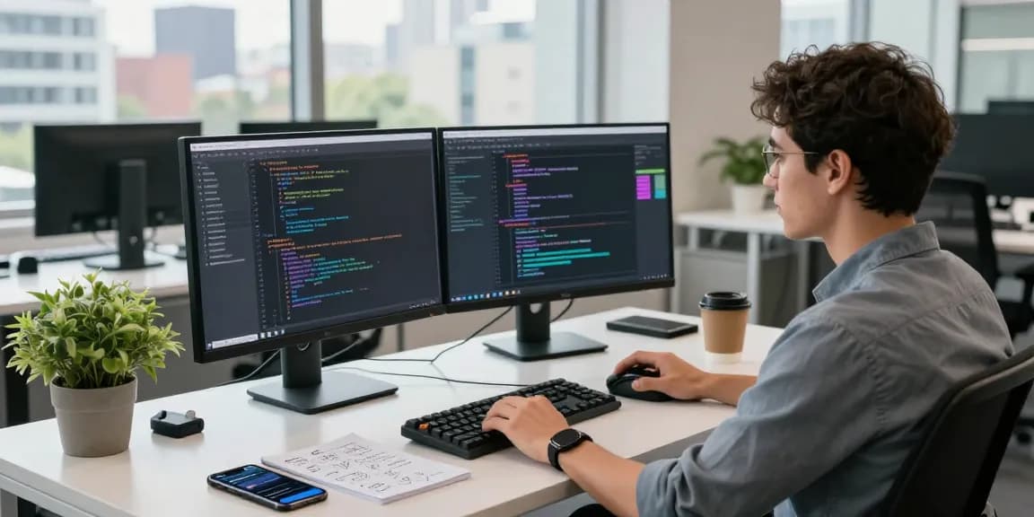Build internal tools with AI - Developer coding at dual monitors in a modern workspace, showcasing productivity.