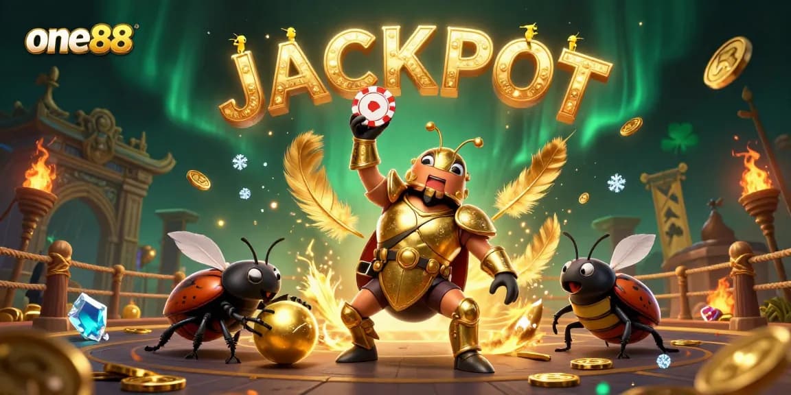 Experience one88's vibrancy as a beetle triumphantly claims victory in a richly detailed casino scene.