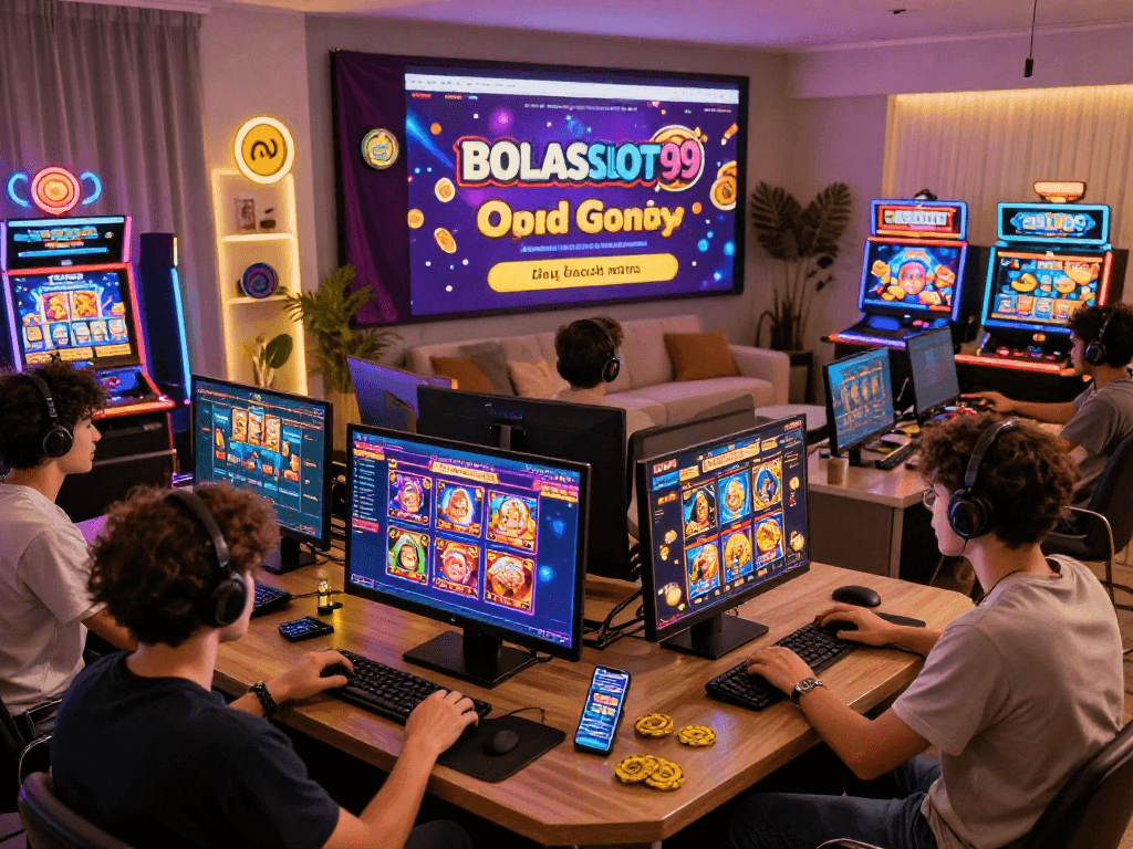 Penggemar bermain slot online di BOLASLOT99 dengan suasana ceria dan grafis menarik.