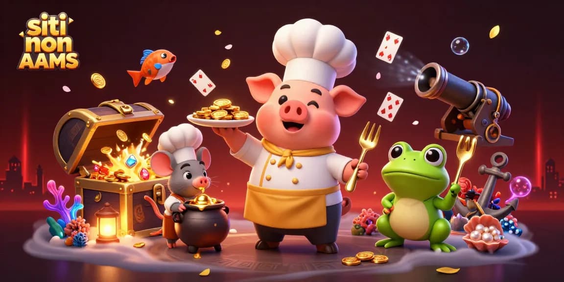 Gioca nei siti non AAMS con chef, topo e rana che mostrano oro ricco in un ambiente di casinò vibrante.