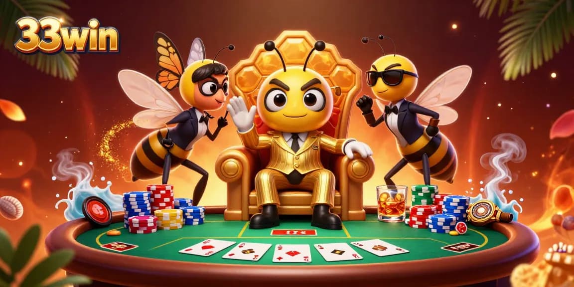 Engage in excitement at 33win with a lively scene featuring a bumblebee mob boss at the poker table.