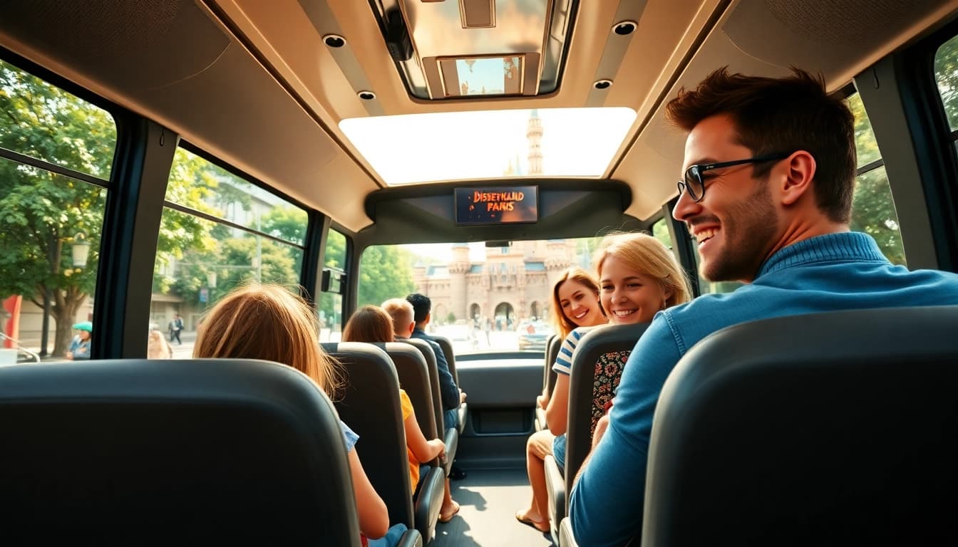Family traveling from Disneyland Paris to airport in a bright, cozy shuttle bus.
