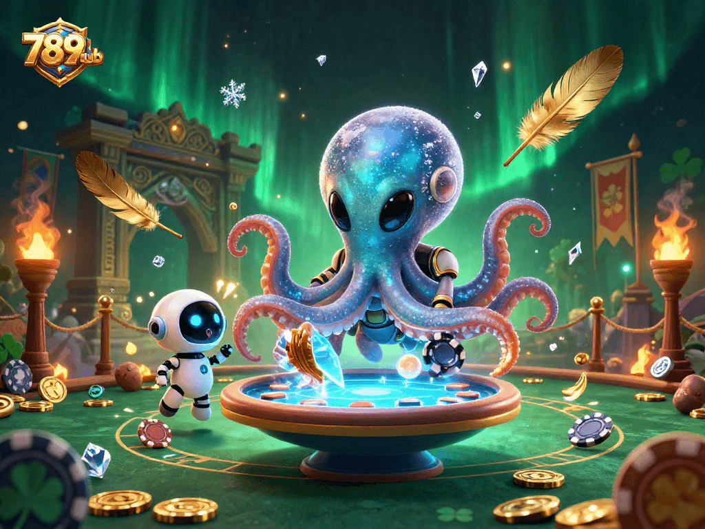 Experience thrilling poker action with 789club featuring a cosmic octopus and robot amidst vibrant casino elements.