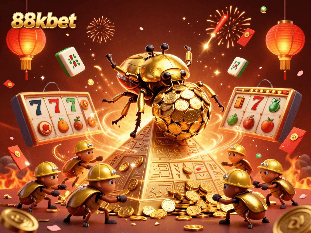 Experience thrilling gameplay at 88kbet with golden symbols and festive casino elements.