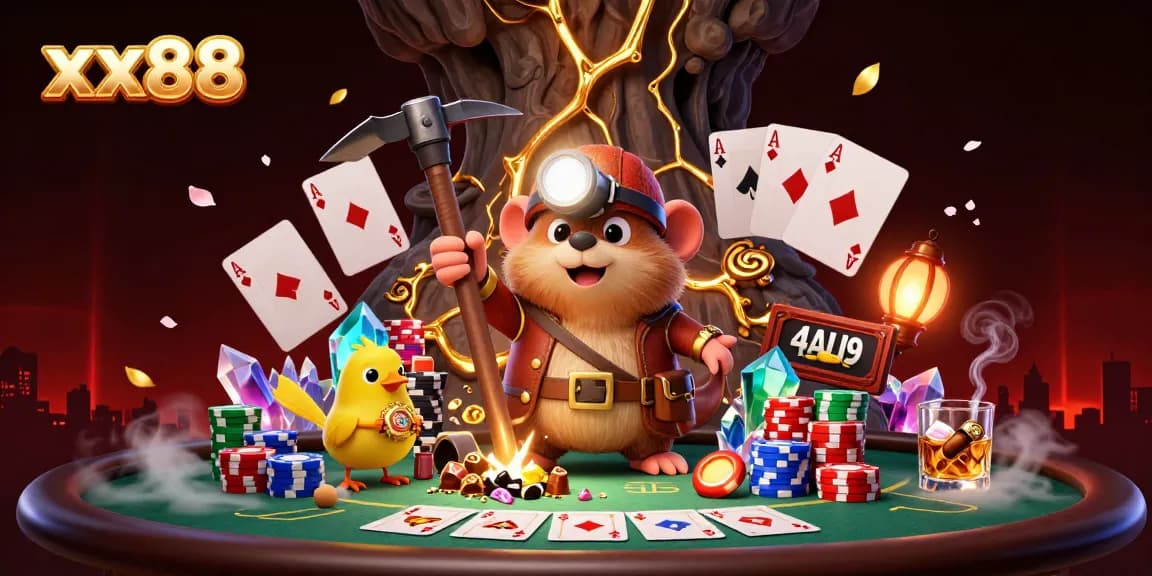 Engage in thrilling poker action at xx88 with adventure and excitement depicted through vibrant gambling elements.