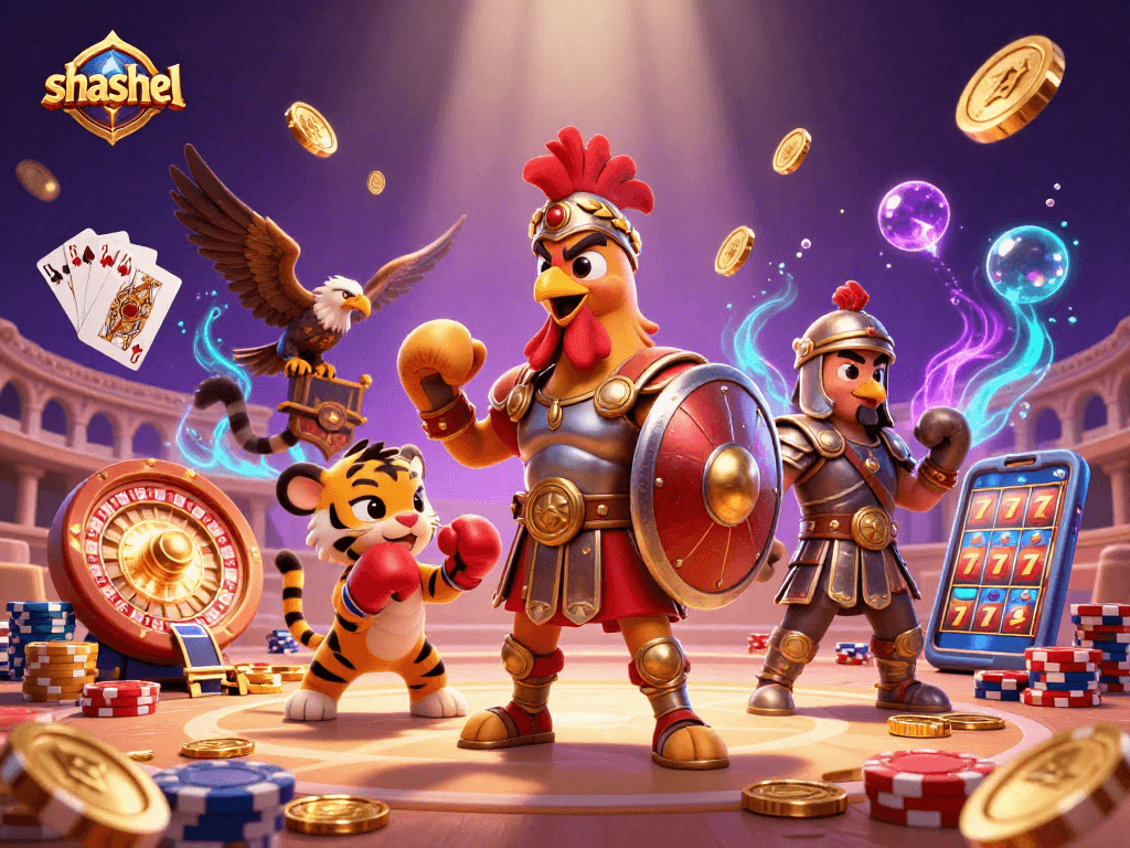 Experience thrilling gaming with Shashel's exciting rooster and sparring cub in vibrant casino action