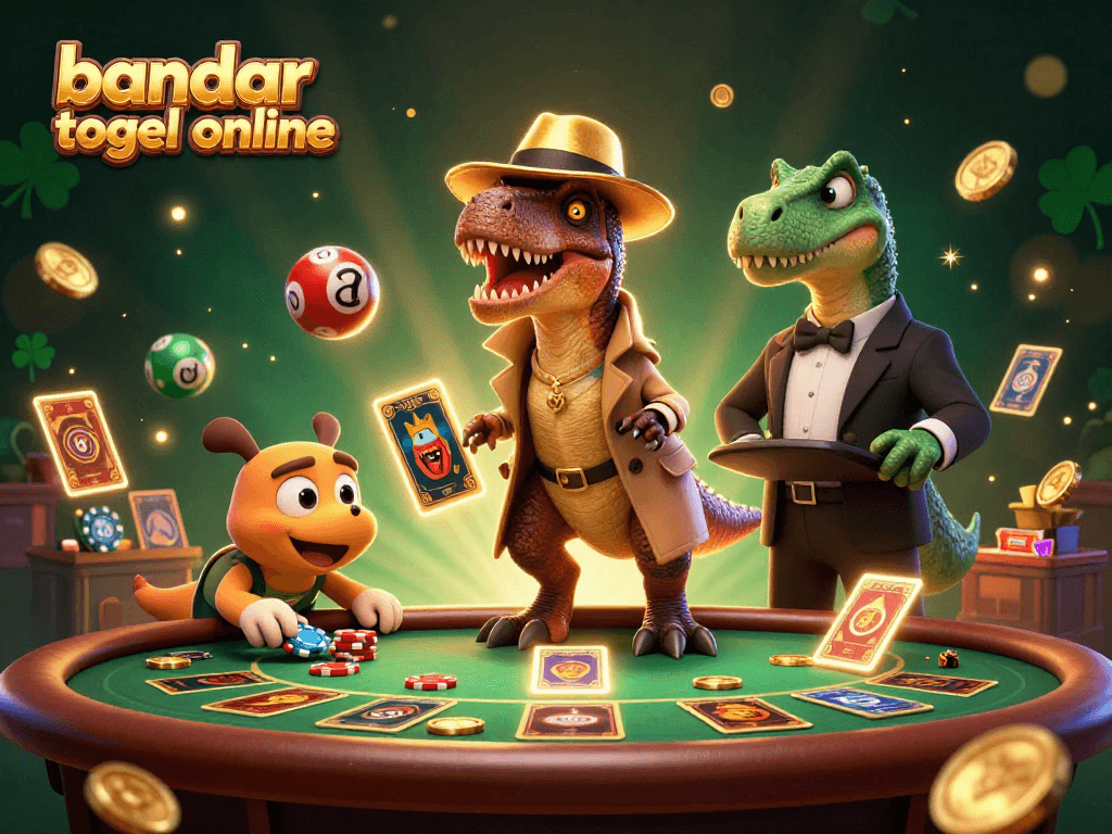 Illustration of a velociraptor at a blackjack table, embodying the essence of bandar togel online gaming excitement.