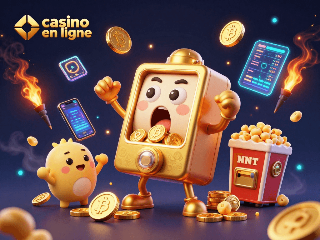 Jouez dans un casino en ligne avec des machines à sous dorées et des pièces de crypto-monnaies.