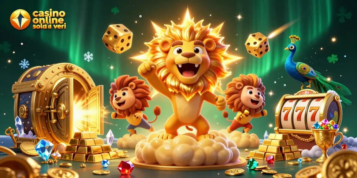 Gioca nel casino online soldi veri con un'illustrazione vivace di leoni e dadi dorati.