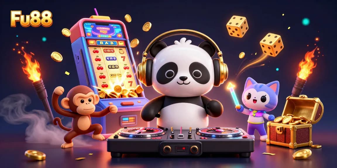 Fu88 showcases an exciting 3D DJ panda entertaining in a vibrant casino setting with dynamic jackpots and fun visuals.
