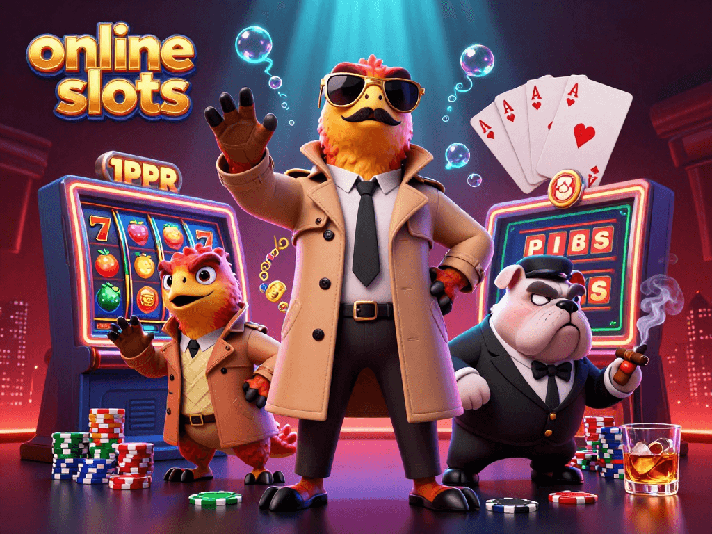 Experience thrilling online slots excitement with vibrant characters and action-packed casino elements.
