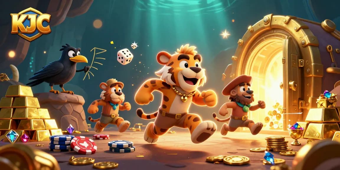 KJC offers thrilling gameplay with vibrant characters and rich treasure in an immersive casino illustration.