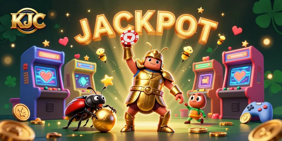 KJC showcases a winning moment with a heroic beetle, illuminating a vibrant casino atmosphere filled with excitement.