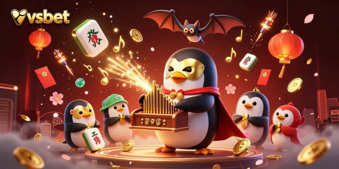 Experience the exciting vsbet casino world with a dynamic scene featuring a penguin playing an organ amidst golden elements.