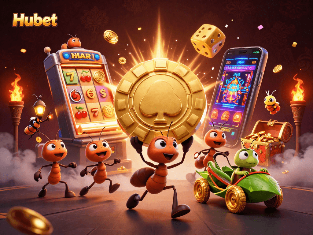 Experience exciting gameplay at Hubet with massive golden poker chips, dynamic slot machines, and vibrant casino elements.
