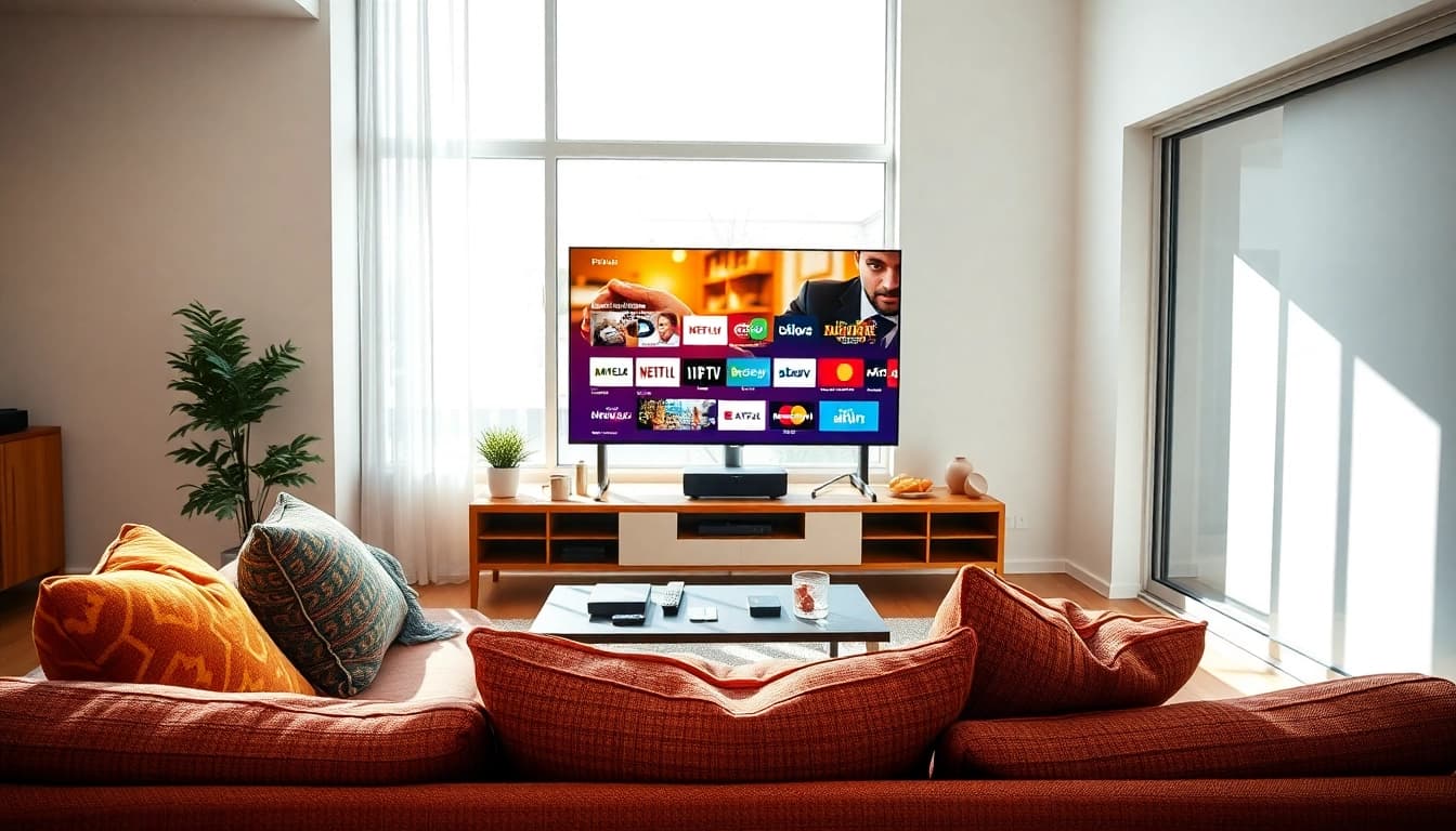 Streaming options with an iptv provider in US showcased in a modern living room environment.