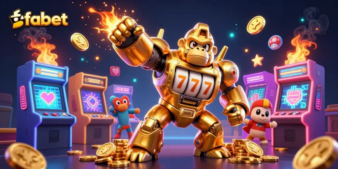Join fabet's gaming excitement with a golden gorilla mech amidst glowing arcade games, celebrating big wins!