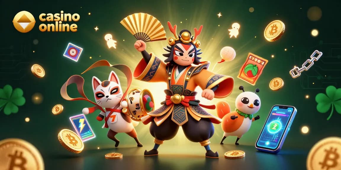 Una ilustración 3D mostrando el juego en un casino online con un guerrero kabuki y elementos de criptomonedas.