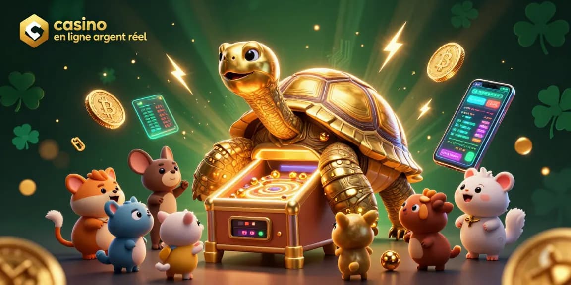 Visualisez votre expérience de jeu avec casino en ligne argent réel et une tortue en or jouant à la machine à sous.