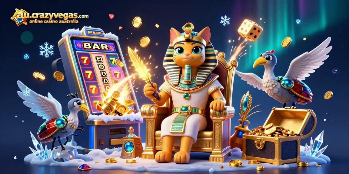Engage with au.crazyvegas.com online casino australia showcasing vibrant gaming scene with pharaoh cat and jackpot elements.