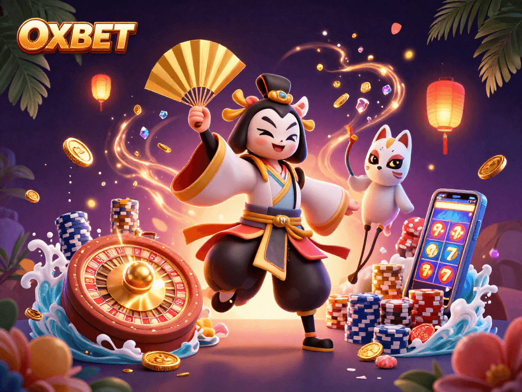 Experience thrilling gameplay at OXBET with a kabuki warrior and kitsune amidst vibrant casino elements.