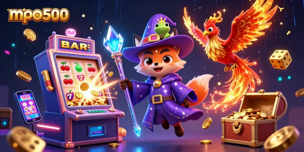 MPO500 shines with an enchanting wizard fox and phoenix in a vibrant slot machine explosion.
