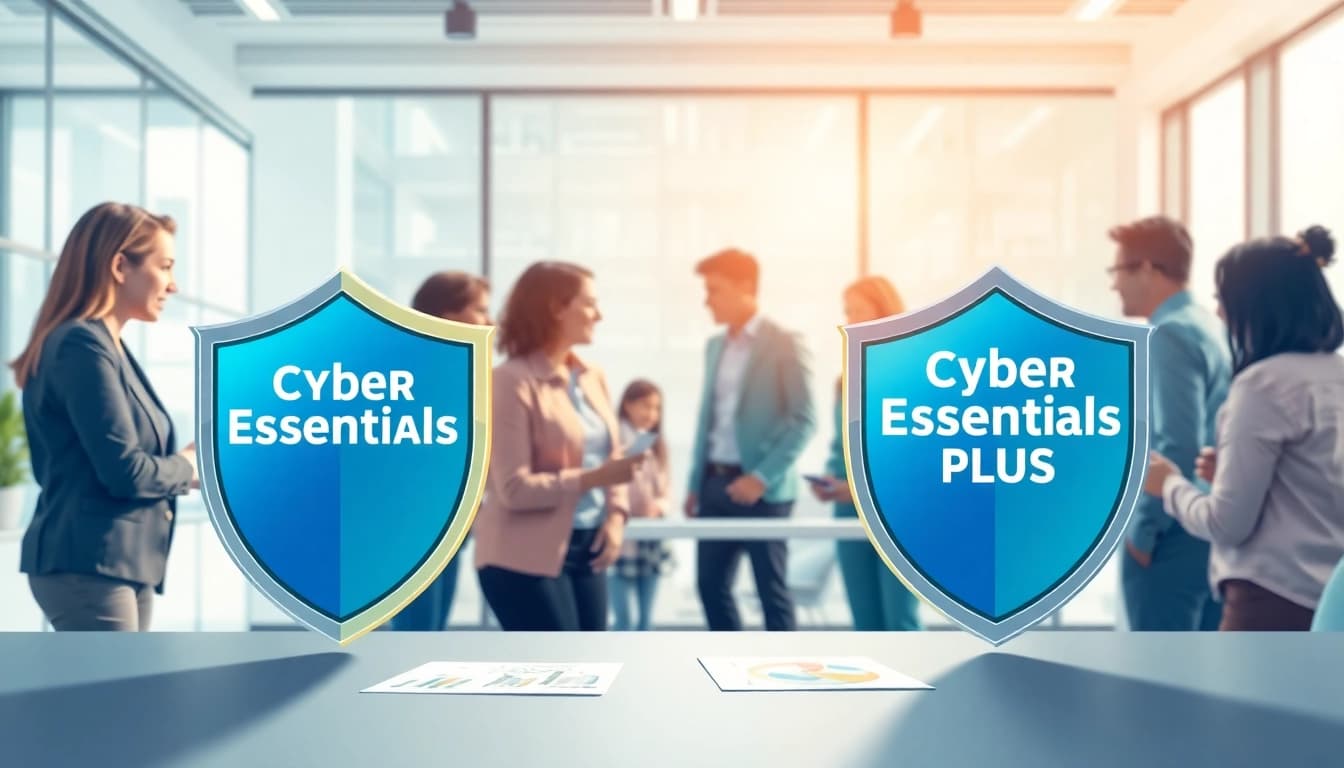 Compare cyber essentials vs cyber essentials plus through a vibrant illustration of a cybersecurity discussion.