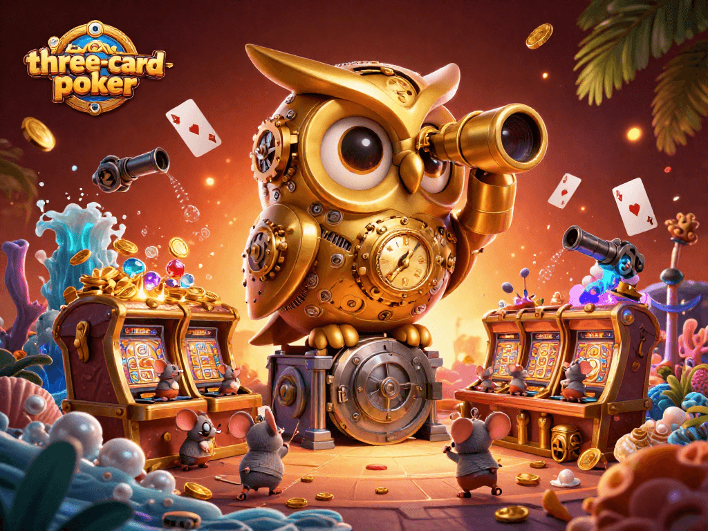 Experience three-card-poker with a vibrant casino scene featuring animated characters and dynamic game elements.
