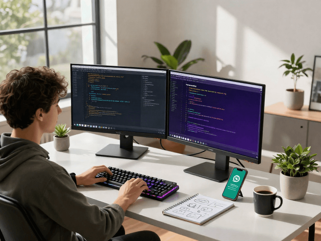 Immersed in coding, a developer works on gb whatsapp apk in a modern workspace.