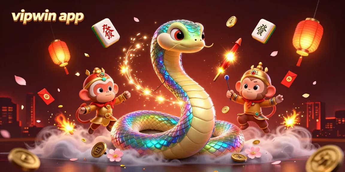 Experience excitement with the vipwin app featuring a cartoon rainbow serpent and golden monkey king amidst festive elements.