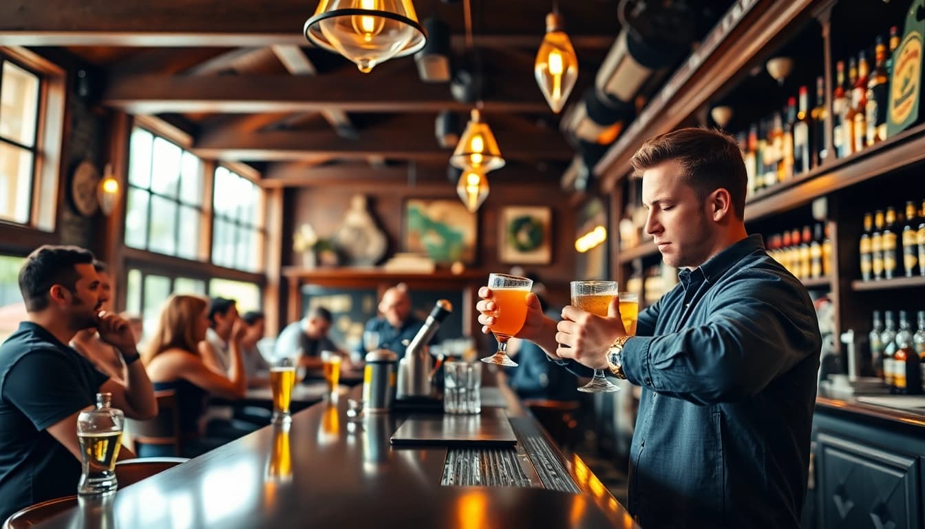 Enhance your pub's potential with a merchant cash advance for pubs and bars, featuring a lively bartender in action.