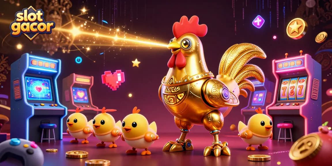 Permainan slot gacor dengan robot ayam emas futuristik dan drone anak ayam, beraksen mesin permainan 3D.