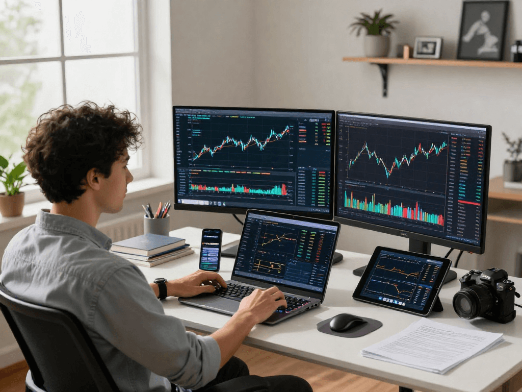 Trading setup featuring US stock backtesting data API on dual monitors in a modern home office.