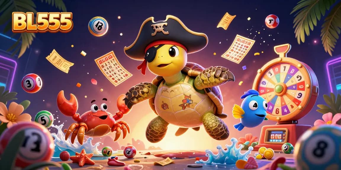 Join the excitement at BL555 with vibrant lottery elements and playful sea creatures.