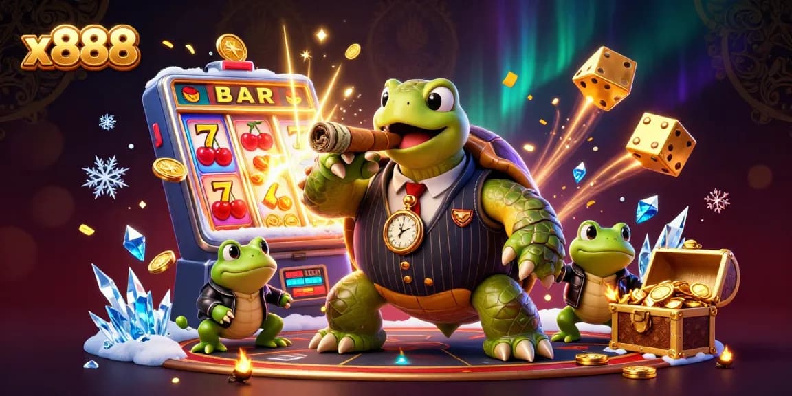 X888 slots showcase adventure with a giant turtle and bullfrog enforcers amid colorful casino lights.
