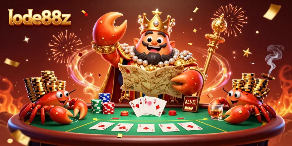 Engage in the vibrant world of lode88z with a massive golden crab emperor and poker elements.