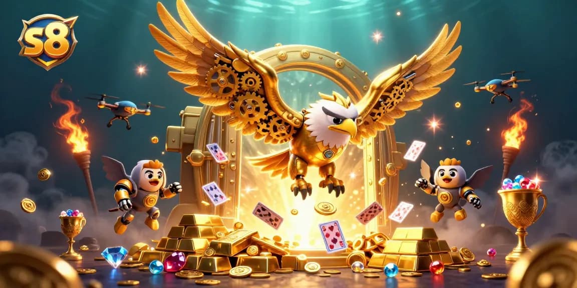 S8 players dive for golden treasures with dynamic casino-themed illustration featuring games and gems.