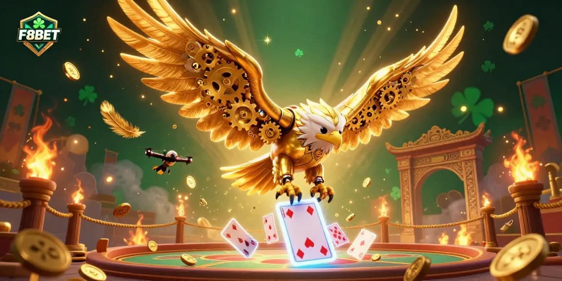 Engage with F8BET in a thrilling 3D gambling scene showcasing an eagle amidst cards and gold.