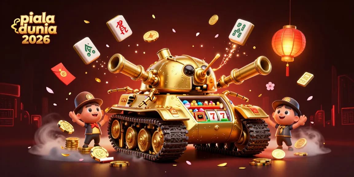 Piala dunia 2026 unfolds in a vibrant 3D casino scene highlighting a massive golden beetle tank with slot reels and festive elements.