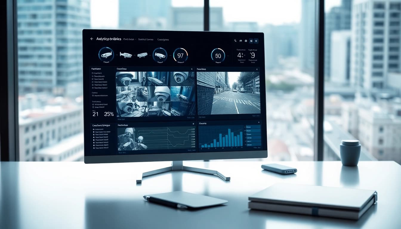 Analyze security camera analytics through a sophisticated dashboard displaying dynamic video feeds and metrics.