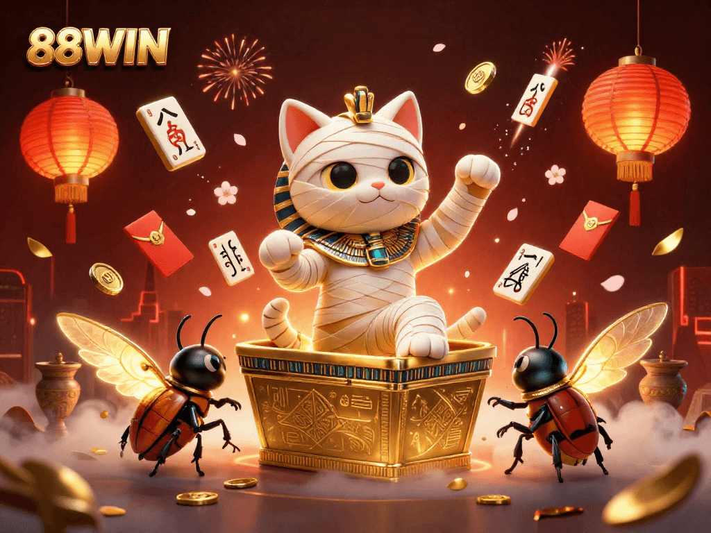 Experience excitement at 88WIN with a lively Egyptian-themed pyramid casino scene.