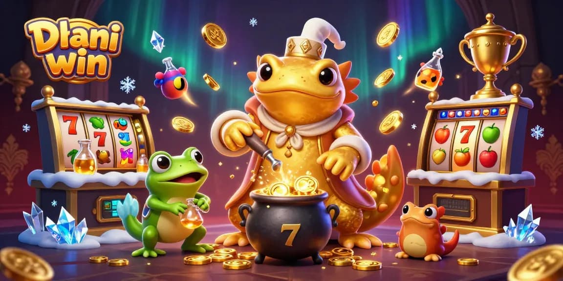 Dhani win app illustration featuring a golden salamander alchemist surrounded by jackpot reels and gold coins.