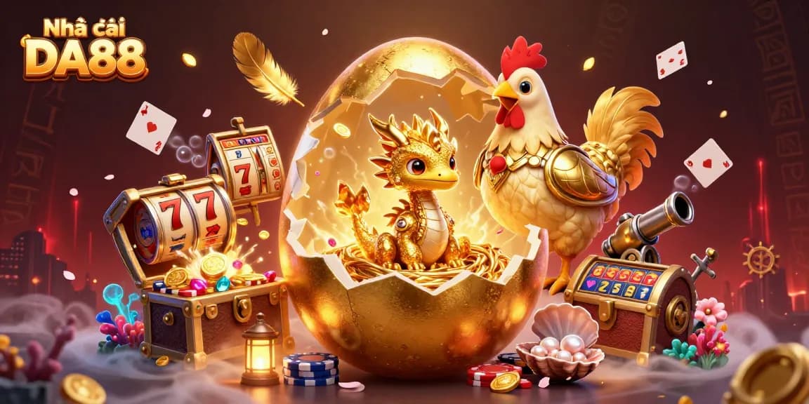 Engage with Nhà cái DA88 showcasing a golden dragon amidst vibrant casino icons and dynamic gaming elements.