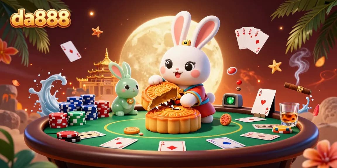 Experience da888 with a moon rabbit amidst vibrant poker elements, reveling in a festive casino atmosphere.