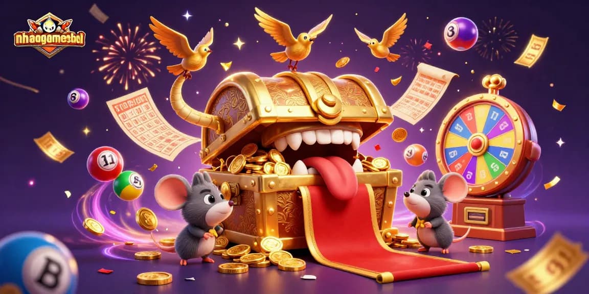 Engage in thrilling gameplay at nhanquagamebai with colorful lottery elements surrounding adventurous characters.