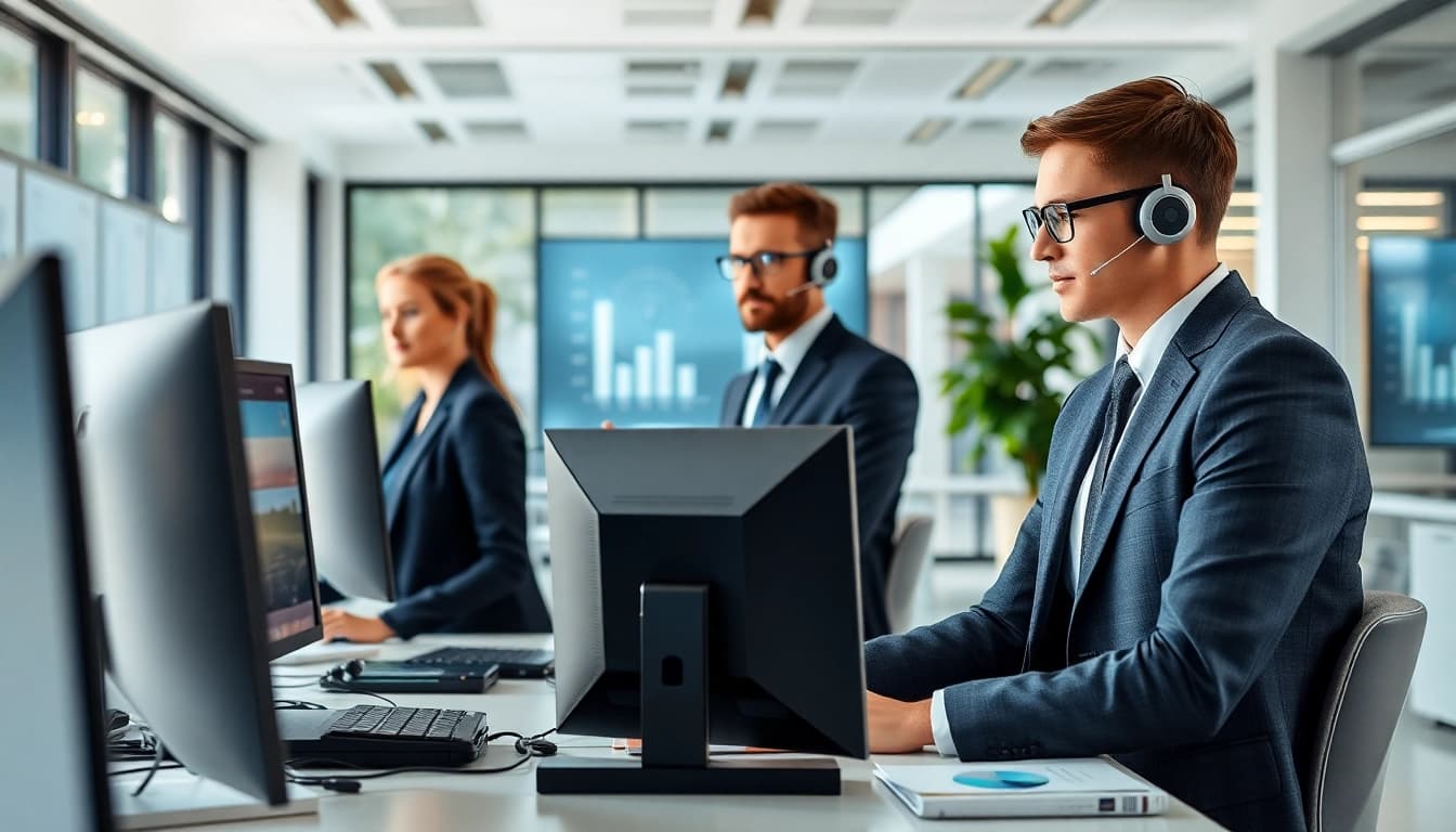 AI agents helping users with technology solutions in a modern workspace.