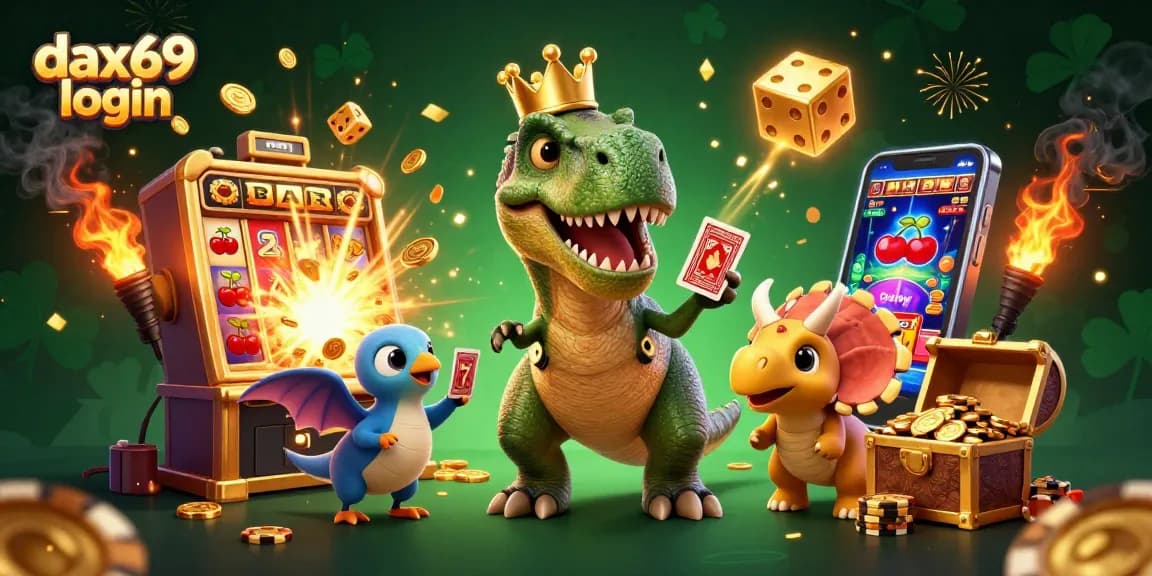Mengakses dax69 login dalam dunia kasino dengan T-Rex dan teman-teman dinosaurus menangani kartu dan chip emas.