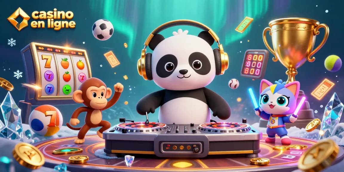 Visuel dynamique avec le panda DJ au casino en ligne, accompagné du singe et du chat, avec des éléments de jeu.