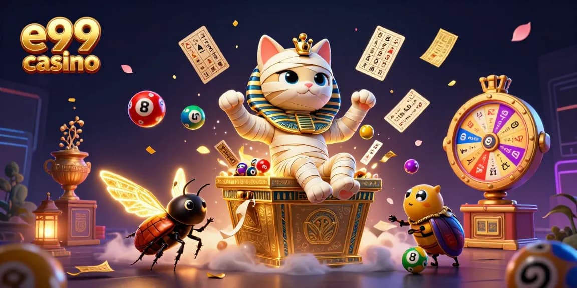 Experience excitement at e99 casino with vibrant games in a mystical pyramid setting.