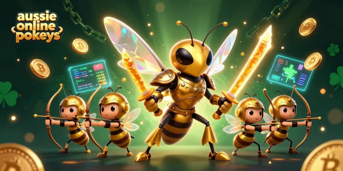 Spin and win with aussie online pokies in a vibrant, dynamic illustration full of action and excitement.